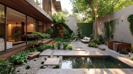 Serene and exquisitely designed modern courtyard with lush green plants, elegant water feature and a tranquil relaxation area creating a peaceful outdoor sanctuary