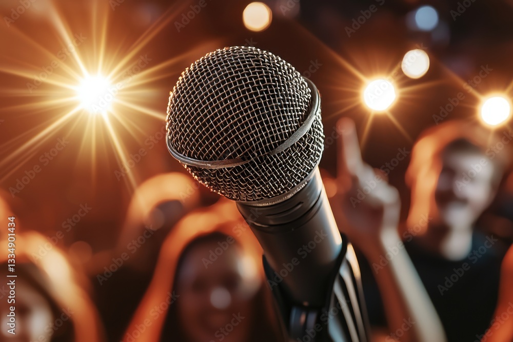 Poster a close-up of a microphone with an enthusiastic audience and bright stage lights in the background a