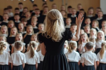 Fototapeta premium A blonde female vocalist in a black dress raises her hand to conduct a choir with children from a music school behind her