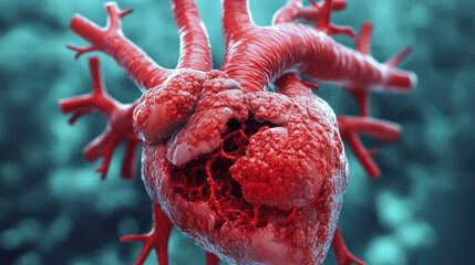 A close-up 3D render of a human heart, showcasing intricate details and textures. The heart and arteries are red against a blue background.