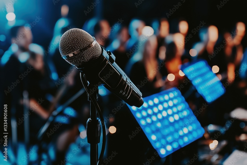 Poster a microphone on stage in front of a choir with blue sheet music stands, creating a vibrant and dynam