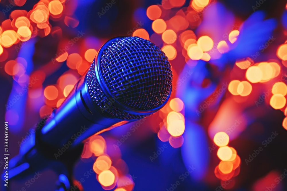 Poster a microphone set against a dazzling display of bokeh lights, evoking a vibrant performance atmospher