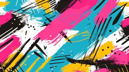 Vibrant abstract background featuring bold brush strokes in pink, blue, black, and yellow