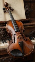 Fototapeta premium Elegant Violin on Piano with Sheet Music Creates Vintage Musical Scene