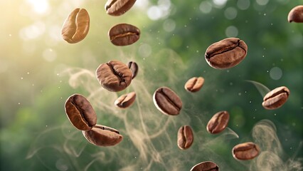 Obraz premium Captivating Coffee Beans: 13 Roasted Coffee Beans Floating in Air with Blurred Green Foliage & Aromatic Mist Stock Photo.