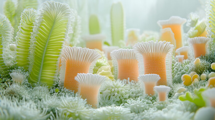 small otherworldly plants. They have fluffy white bristles and orange and yellow stalks.