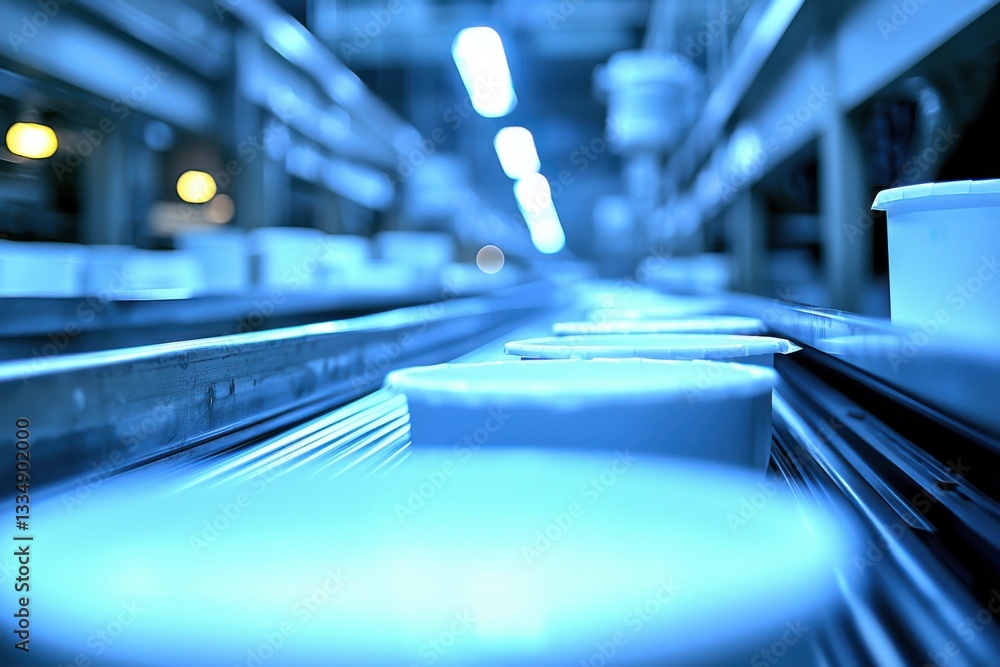 Poster an abstract and futuristic blue toned image depicting a production line with containers, suggesting 