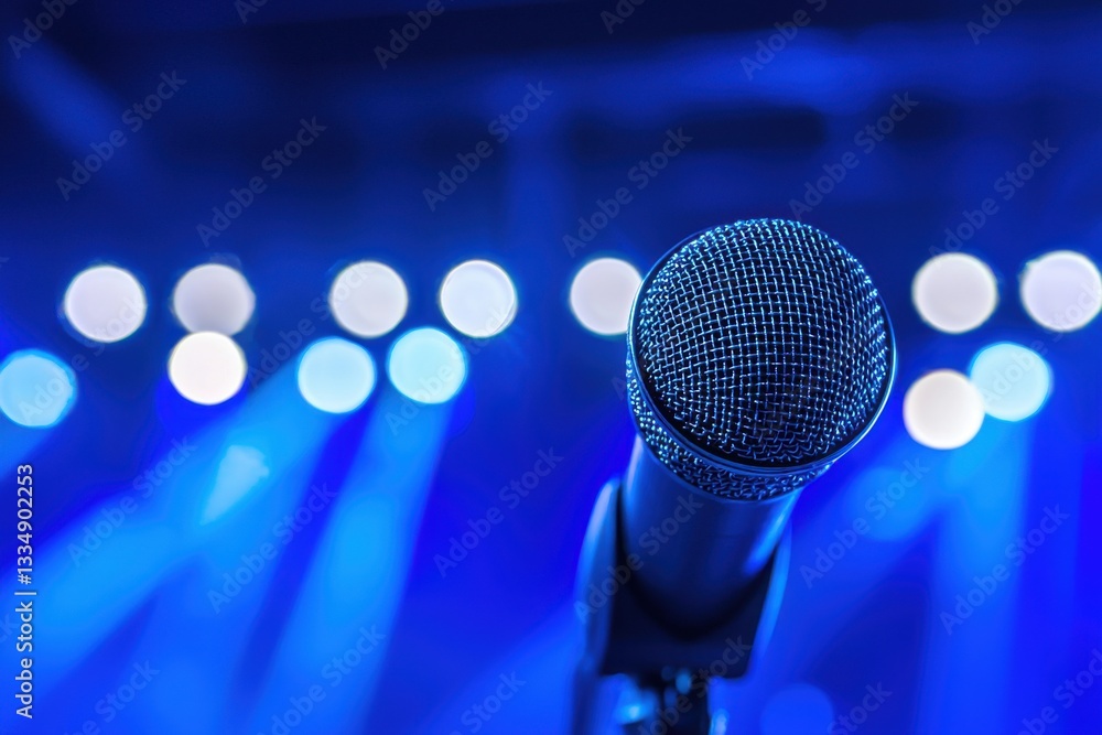 Poster a captivating microphone shot on stage with a blue bokeh backdrop, highlighting the performance and 
