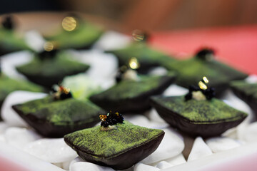 Luxurious matcha-infused dessert with a velvety green coating