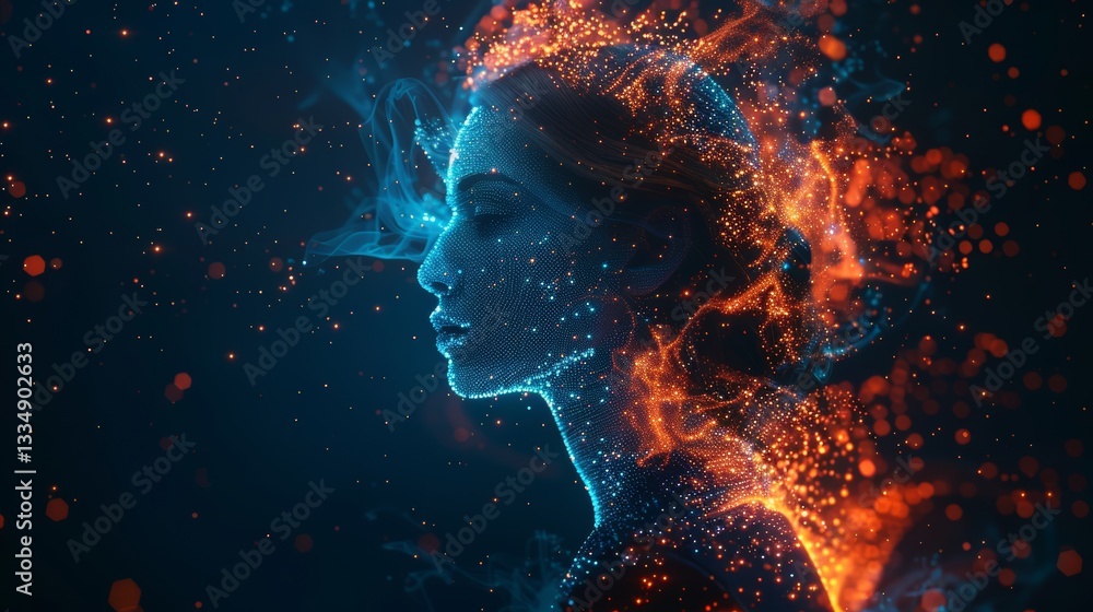 Poster serene digital persona: glowing particle effect forms a portrait with ethereal smoke against a dark 