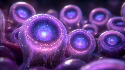 a collection of vibrant purple, cell-like structures