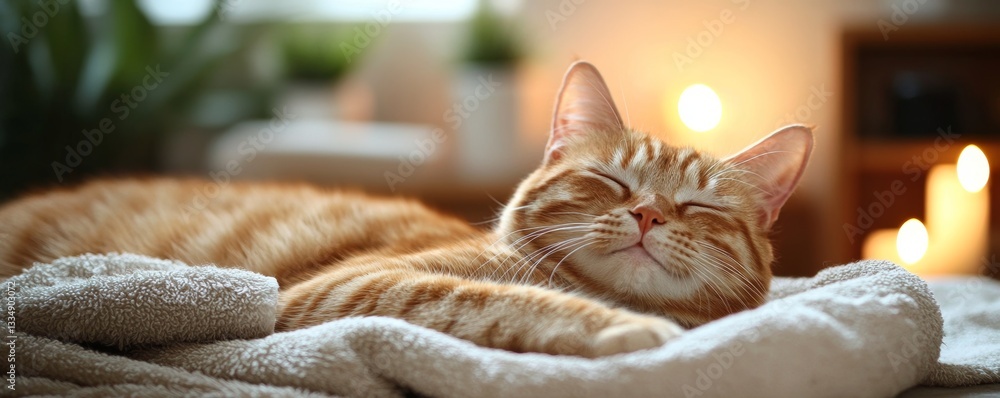 Poster serene ginger tabby cat peacefully sleeping on soft blanket with glowing candles in the background c