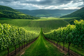 Fototapeta premium Vineyard rows, valley view, sunset