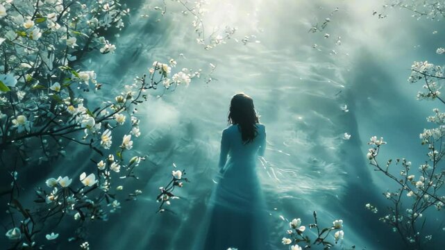Misty Flower Path, Woman Walking