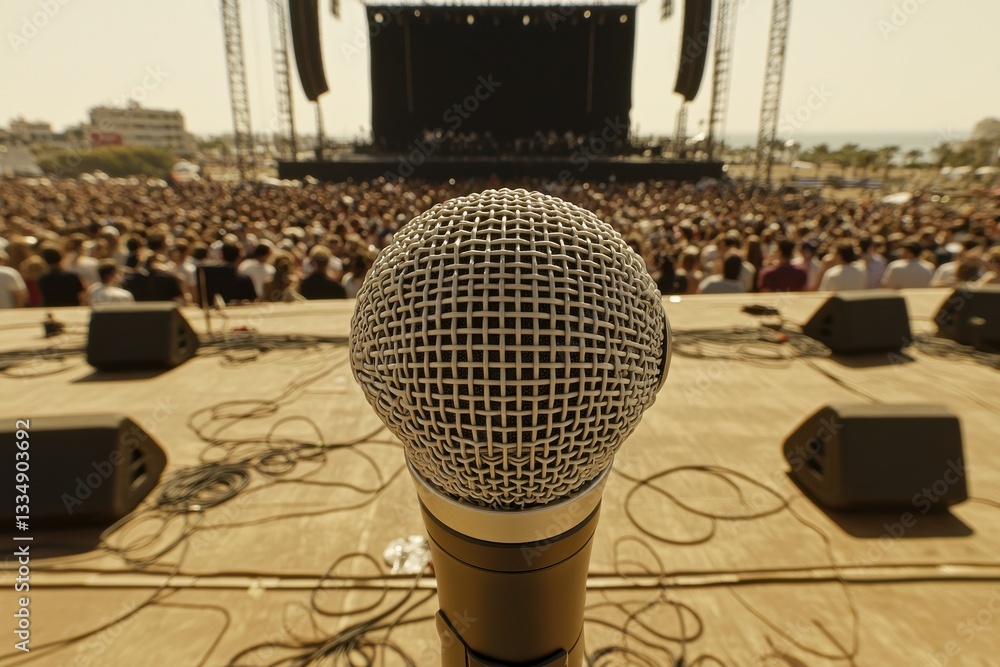 Poster close-up of a microphone on stage, showcasing a vibrant concert with a large audience, creating an e