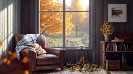 Cozy Living Room with Leather Armchair and Tea Cup