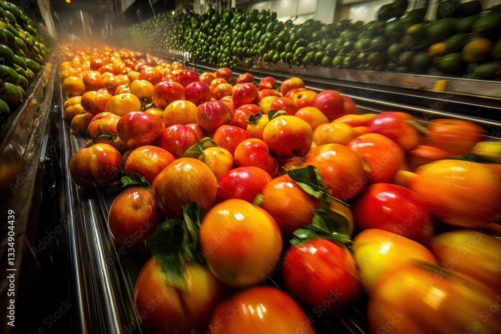 Poster freshly picked red apples on a conveyor belt in a fruit processing plant, heading towards sorting an