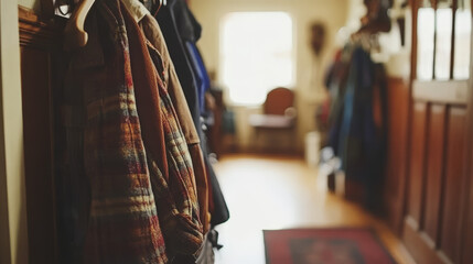 A warm and inviting hallway with coats hung up.