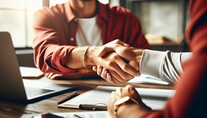 Professional handshake symbolizing agreement, partnership, and trust in a business environment.
