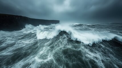 Obraz premium Turbulent Ocean Waves Crashing Against Rocky Coastline Under a Dark Stormy Sky