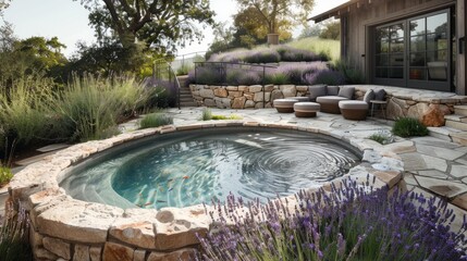 Serene outdoor spa area featuring a round jacuzzi surrounded by a stone patio and blooming lavender bushes with comfortable seating near a wooden house for relaxation