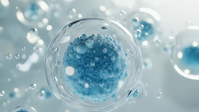 Close-up of exosome inside transparent spheres with soft glowing reflections on light background. Scientific visualization related to biotechnology, medicine, trichology