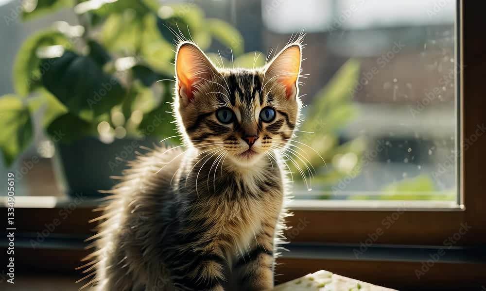 Aufkleber a playful kitten sits beside a block of cheese, illuminated by sunlight through a window.
