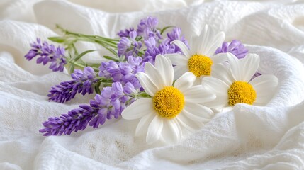 Beautiful Daisies and Lavender Flowers on White Fabric