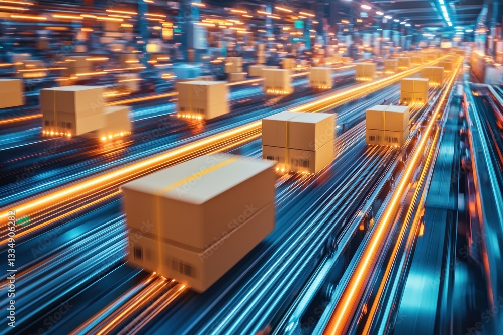 Poster dynamic movement of cardboard boxes on an automated conveyor system in a modern distribution warehou
