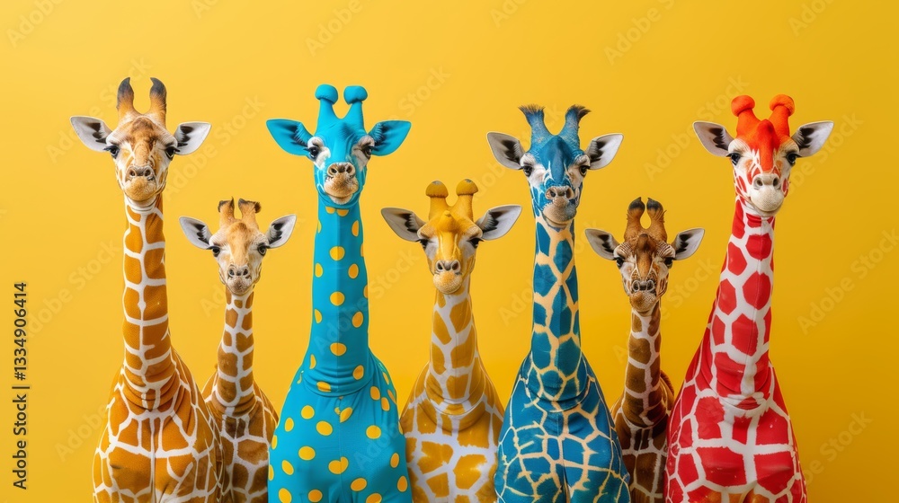 Poster seven giraffes in a row, some with vivid colorful patterns and designs, against a bright yellow back