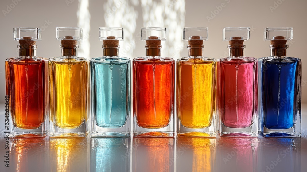 Poster seven elegant glass bottles filled with vibrant and colorful liquids arranged in a row, creating a s