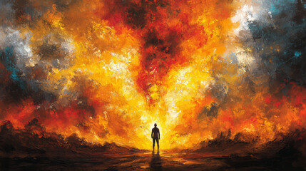 A digital painting depicts a figure silhouetted against a fiery explosion.