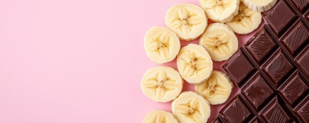A vibrant image featuring sliced bananas beside dark chocolate on a pink background, evoking a sweet and indulgent treat.