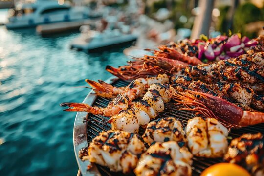 A luxurious seafood barbecue with grilled shrimp, scallops, and onions, set against a stunning ocean backdrop with boats at golden hour, creating an upscale dining experience.