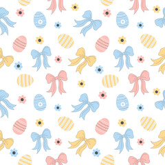 Easter eggs and bows seamless pattern on white background. Easter symbol - colored eggs. Simple vector illustration. Perfect for wrapping paper, wallpaper, textiles and decor.
