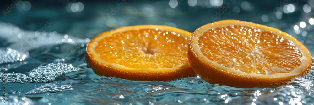 Poster slices of juicy orange fruit in sparkling water create a refreshing and vibrant summer image with a 