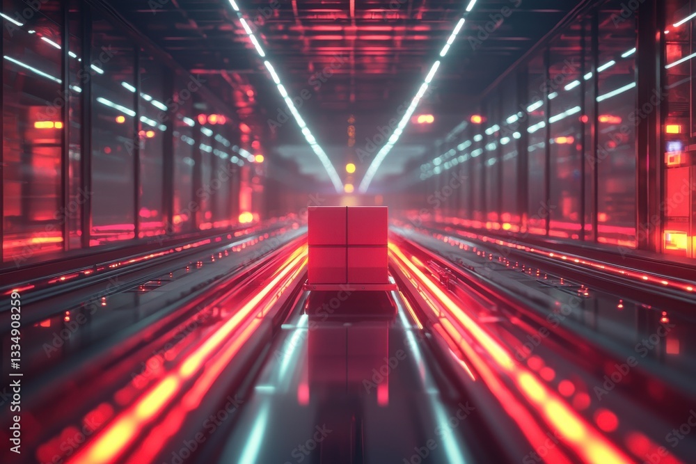Aufkleber futuristic automated shipping system with a red package in motion, traversing a technologically adva