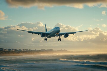 Fototapeta premium Airplane Landing Over Ocean Waves Under Dramatic Sky During Sunset at Coastal Location