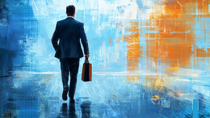A businessman in a suit walks away carrying a briefcase, headed toward an abstract light. 