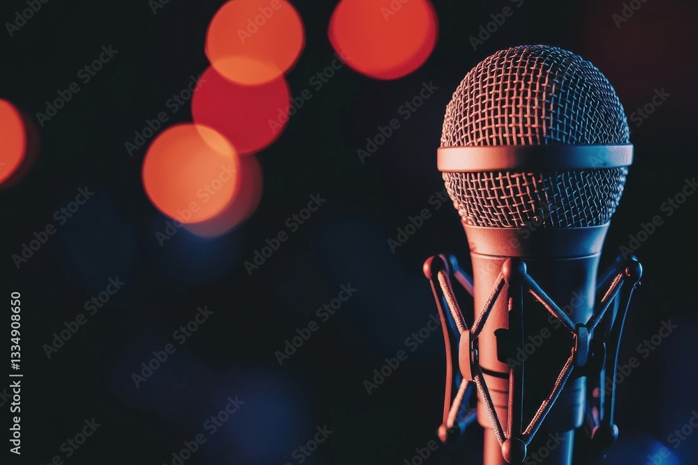 Poster a studio microphone stands ready in the spotlight, illuminated by vibrant bokeh lights creating an a