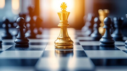 Golden king chess piece stands victorious on a chessboard surrounded by black pieces.