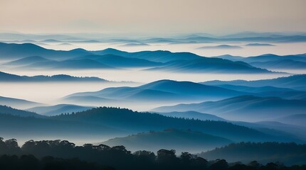 Fototapeta premium Blue Mountains in the Mist A Serene Landscape