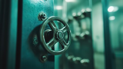 Obraz premium Metallic Wheel Valve on Teal Door in Industrial Setting
