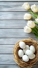 Easter Eggs in Nest with White Tulips on Wooden Background