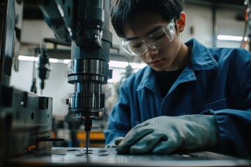 A competent young factory employee in blue coveralls and safety gear operates a drill in a workshop creating holes in a metal component