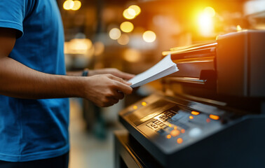worker in blue t shirt is loading papers into printer, showcasing busy office environment. warm lighting creates focused atmosphere, emphasizing productivity and efficiency