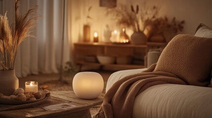 Naklejka premium Cozy Living Room with Soft Lighting and Minimalist Decor