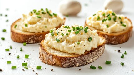 Toasted bread slices topped with a creamy spread and garnished with chives for a tasty appetizer.
