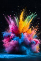 Multicolored powder exploding against black background, creating a vibrant spectrum of color