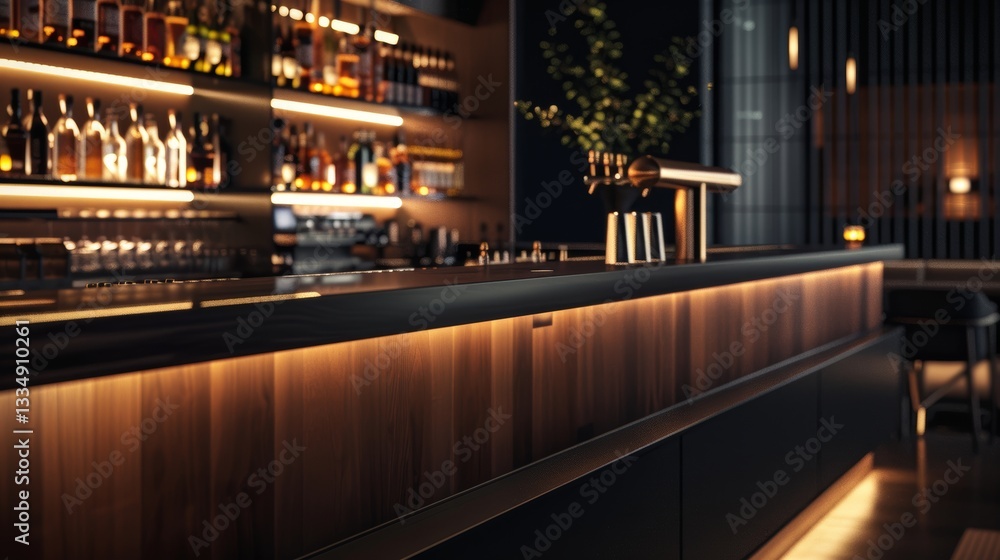 Poster sophisticated bar counter showcases a selection of liquor bottles with soft, ambient light creating 